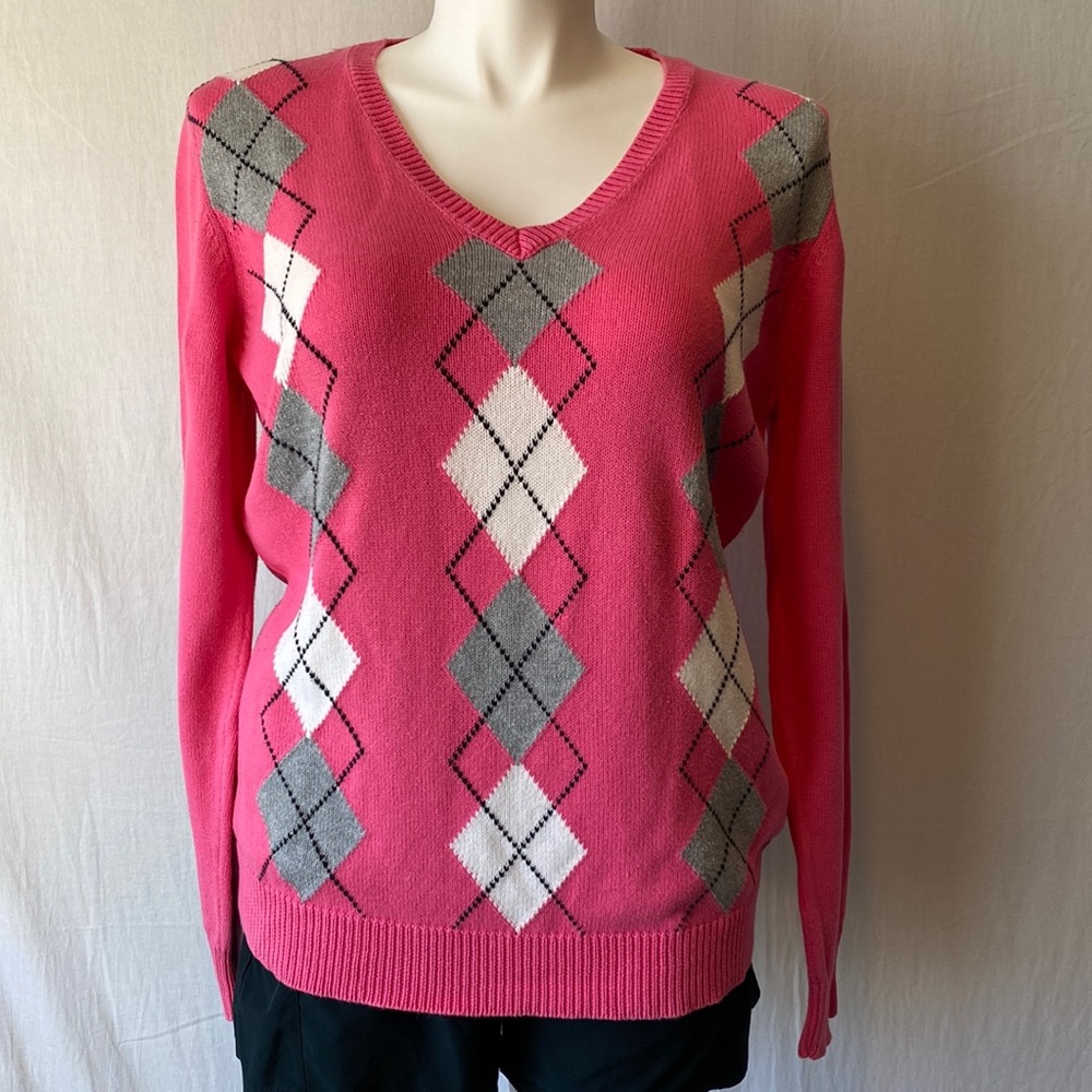 Izod V-neck Pink Sweater w/ Grey and White Argyle Pattern XL